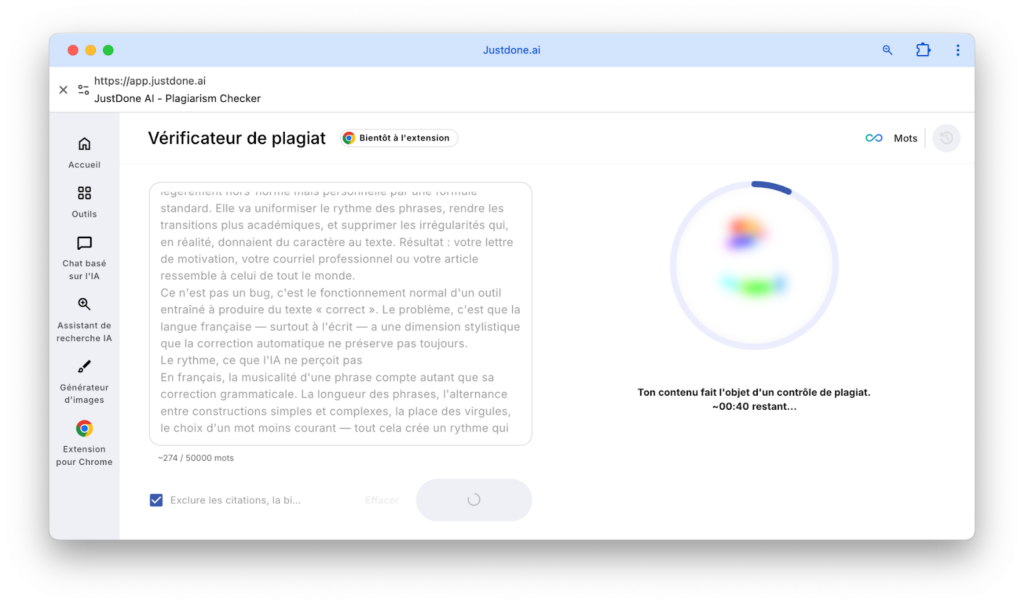 Vérificateur de plagiat JustDone AI -  test en cours