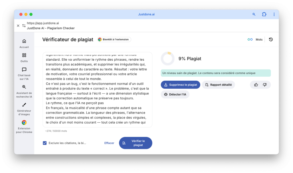 Vérificateur de plagiat JustDone AI -  fin du test